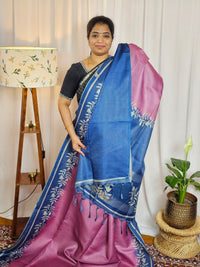Casual Semi Tussar Checks Weave Saree - Pink with Blue
