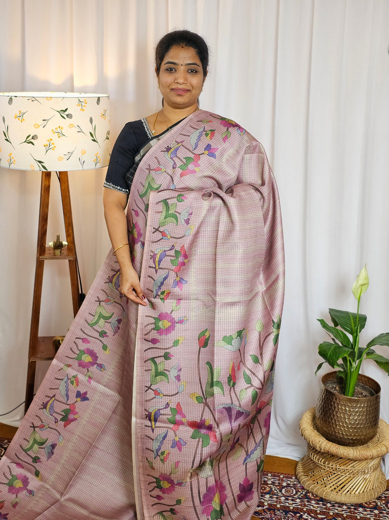 Semi Tussar Checks Weaving Saree - Onion Pink