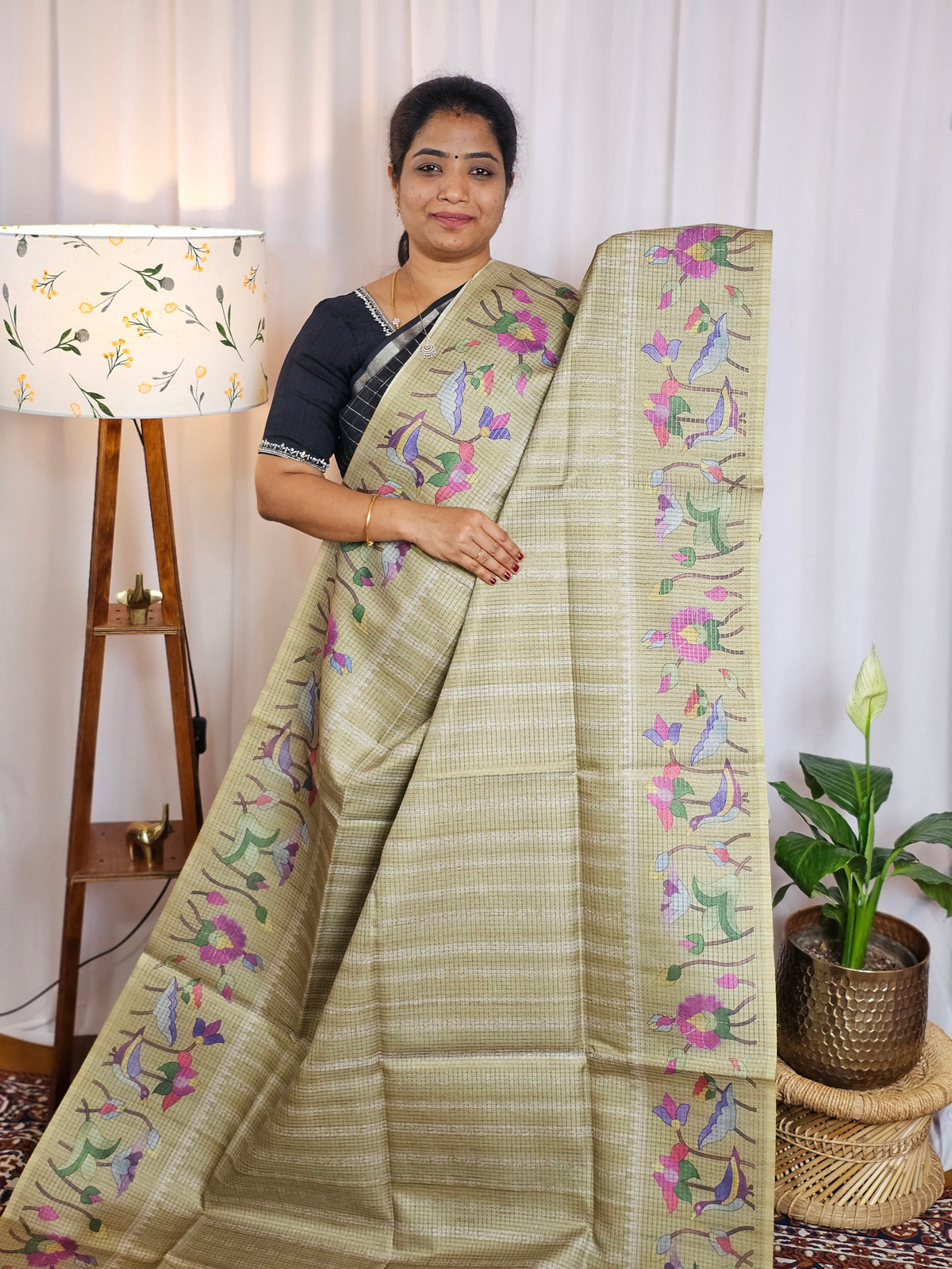 Semi Tussar Checks Weaving Saree - Green