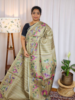 Semi Tussar Checks Weaving Saree - Green
