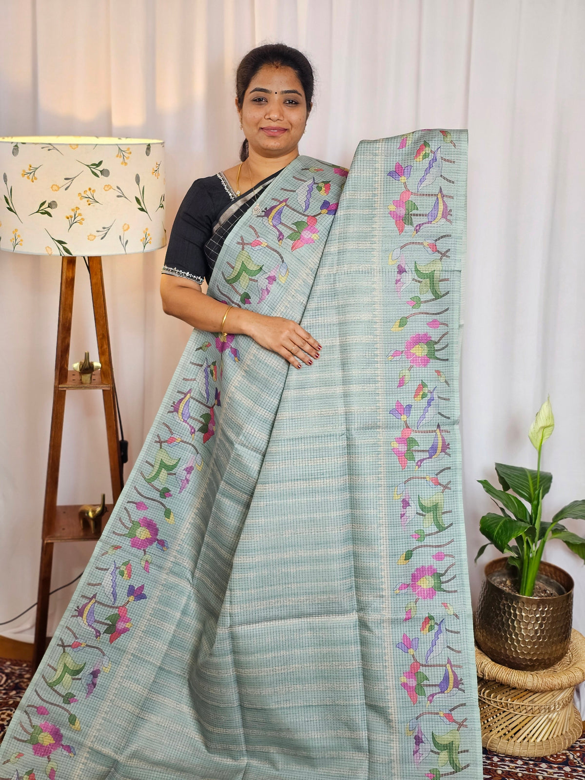 Semi Tussar Checks Weaving Saree - Blue