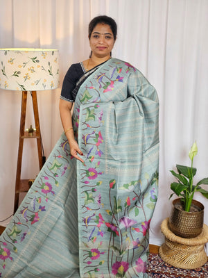 Semi Tussar Checks Weaving Saree - Blue