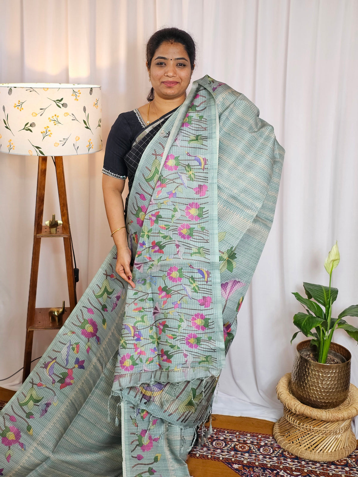 Semi Tussar Checks Weaving Saree - Blue