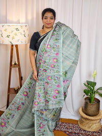 Semi Tussar Checks Weaving Saree - Blue