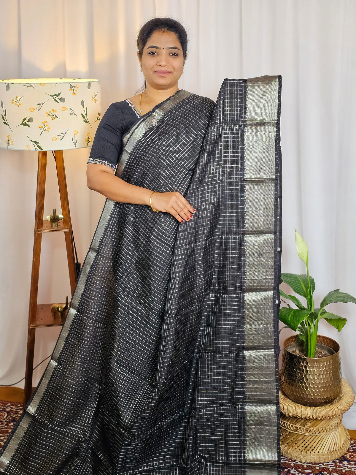 Handwoven Mangalagiri Pattu Saree with Small Checks - Black