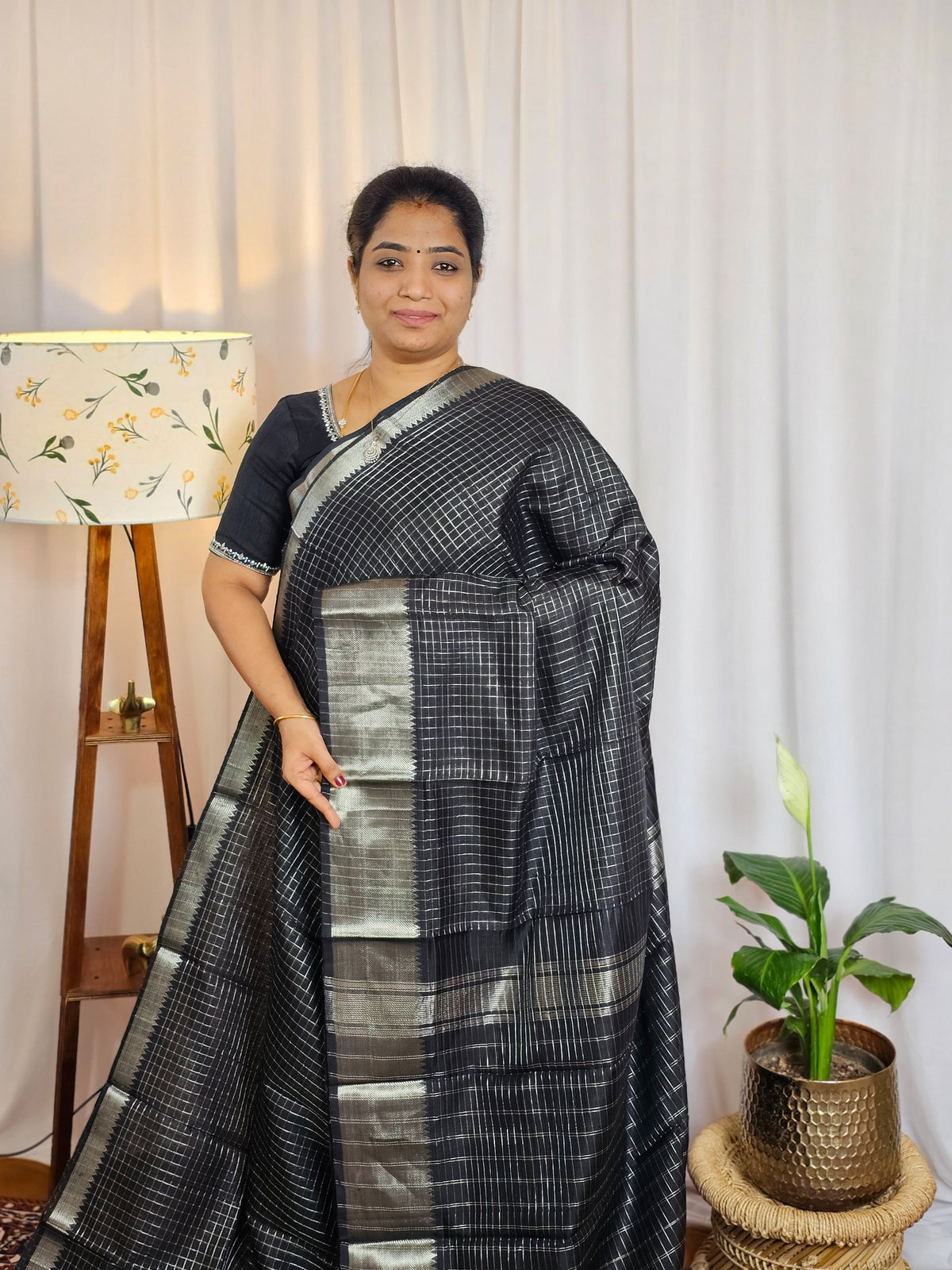 Handwoven Mangalagiri Pattu Saree with Small Checks - Black