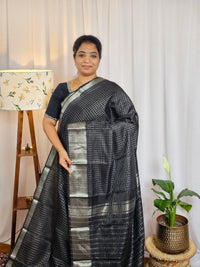 Handwoven Mangalagiri Pattu Saree with Small Checks - Black