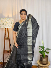 Handwoven Mangalagiri Pattu Saree with Small Checks - Black