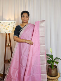 Handwoven Mangalagiri Pattu Saree with Small Checks - Pink
