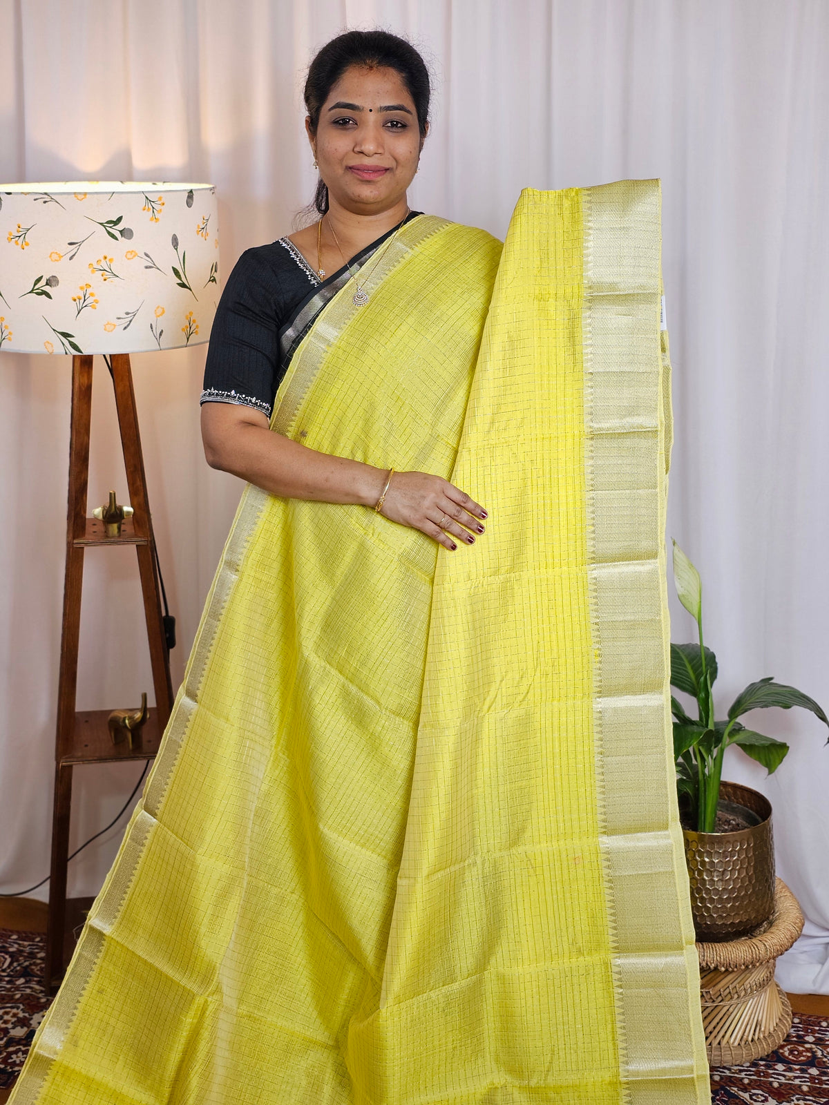 Handwoven Mangalagiri Pattu Saree with Small Checks - Yellow