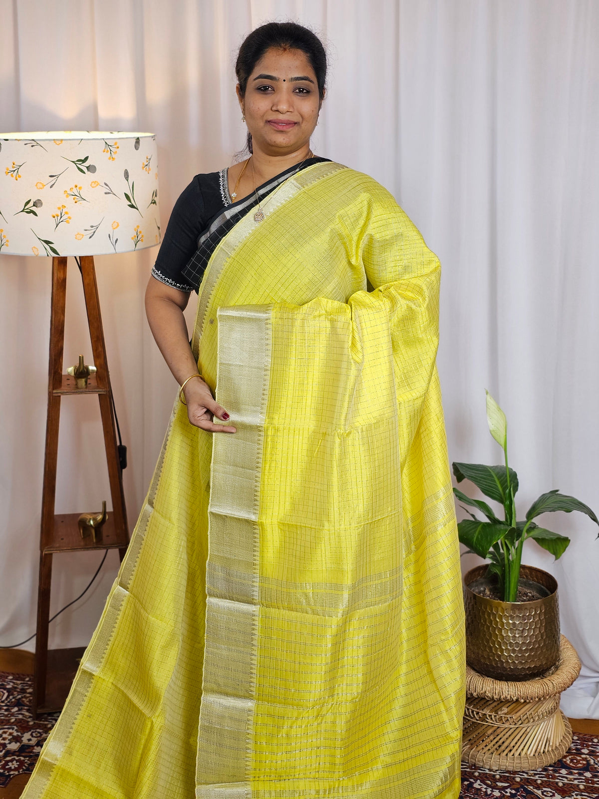 Handwoven Mangalagiri Pattu Saree with Small Checks - Yellow