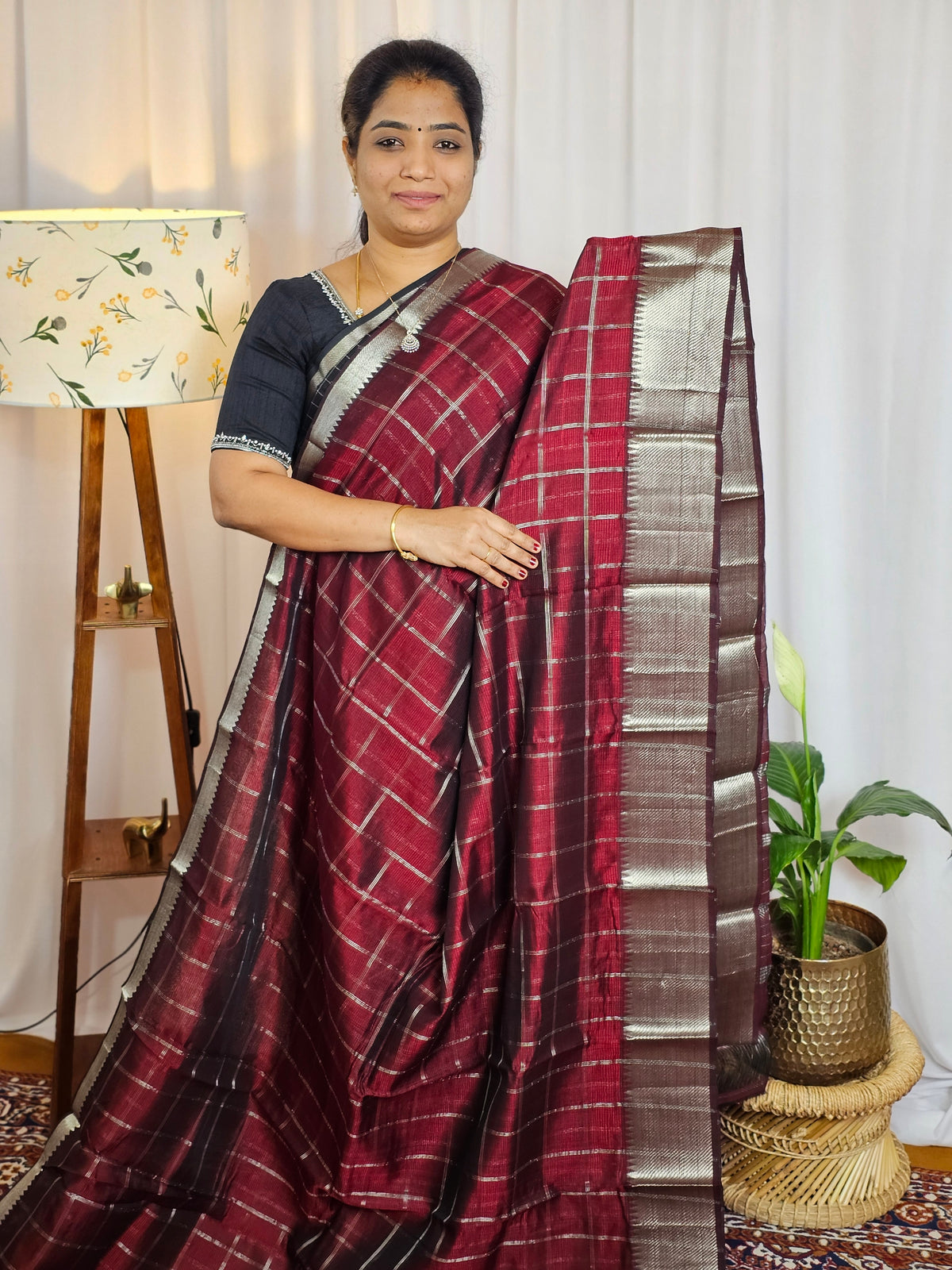 Handwoven Mangalagiri Pattu Saree with Big Checks - Maroon