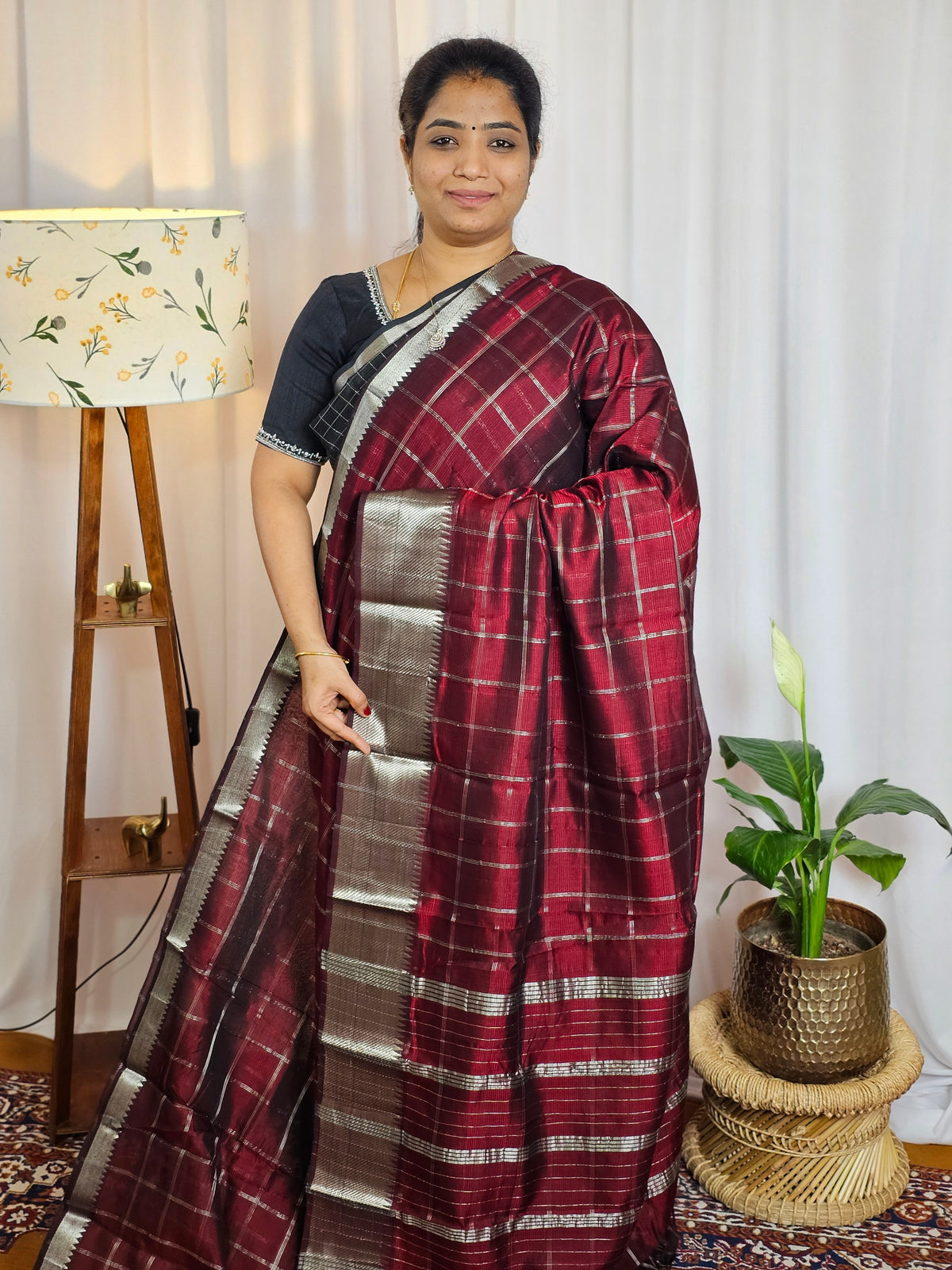 Handwoven Mangalagiri Pattu Saree with Big Checks - Maroon