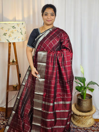 Handwoven Mangalagiri Pattu Saree with Big Checks - Maroon