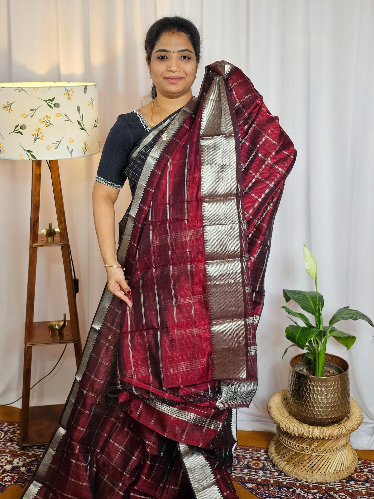 Handwoven Mangalagiri Pattu Saree with Big Checks - Maroon