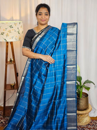 Handwoven Mangalagiri Pattu Saree with Big Checks - Peacock Blue