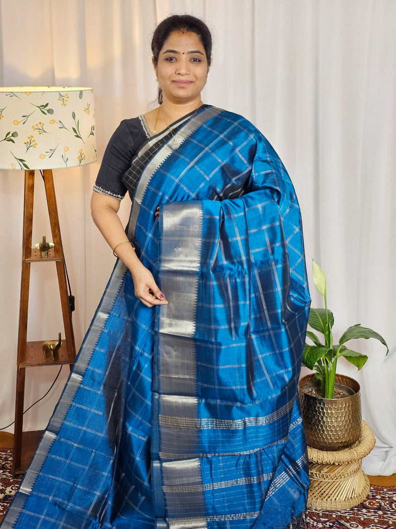 Handwoven Mangalagiri Pattu Saree with Big Checks - Peacock Blue