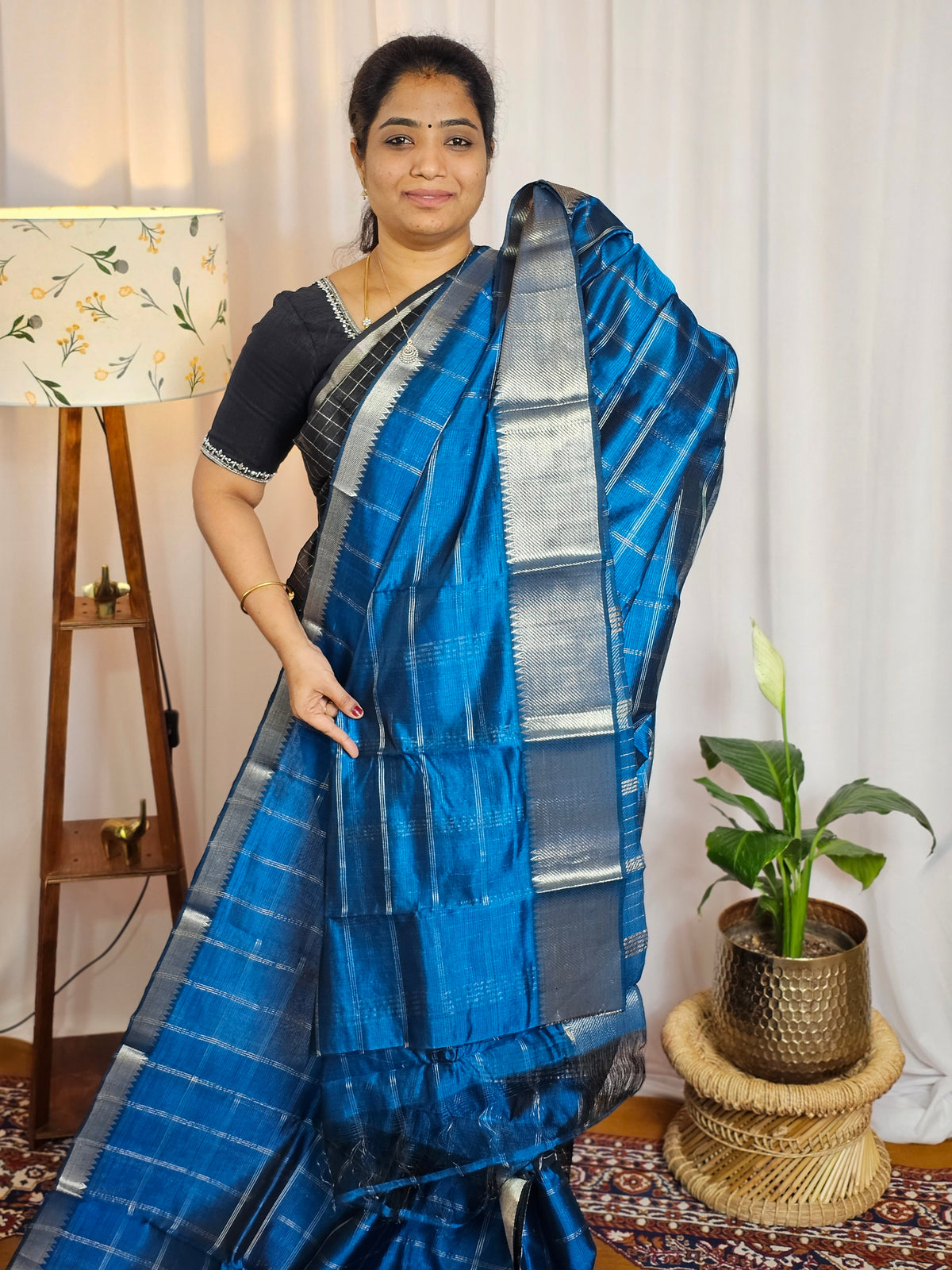 Handwoven Mangalagiri Pattu Saree with Big Checks - Peacock Blue
