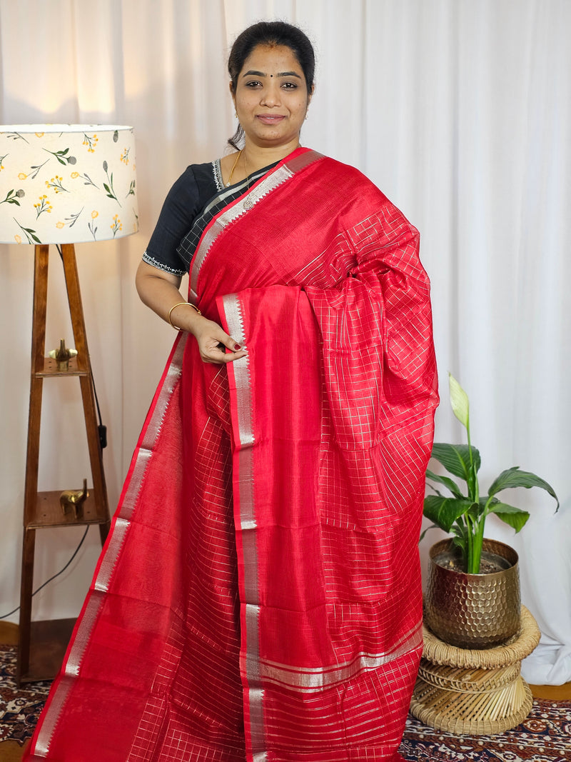 Handwoven Mangalagiri Pattu Saree with Beautiful  Small Checks - Red