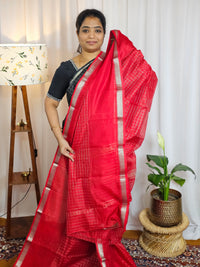 Handwoven Mangalagiri Pattu Saree with Beautiful  Small Checks - Red
