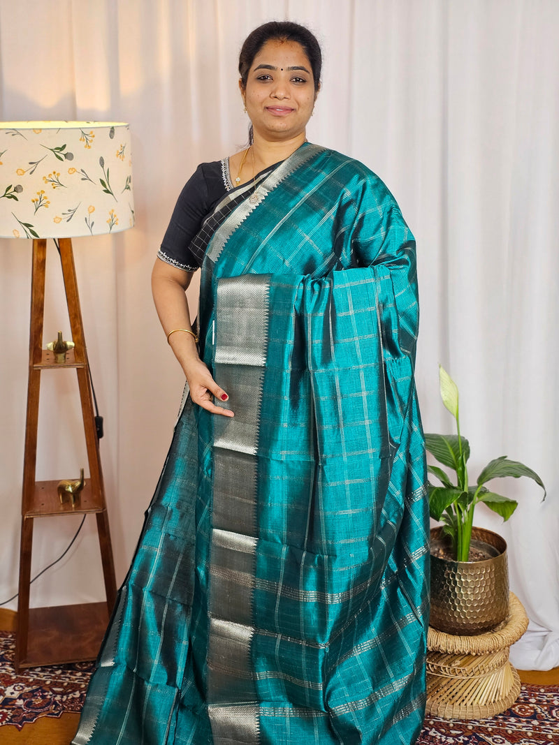 Handwoven Mangalagiri Pattu Saree with Big Checks - Dark Sea Green
