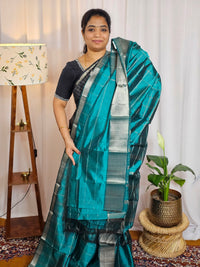 Handwoven Mangalagiri Pattu Saree with Big Checks - Dark Sea Green