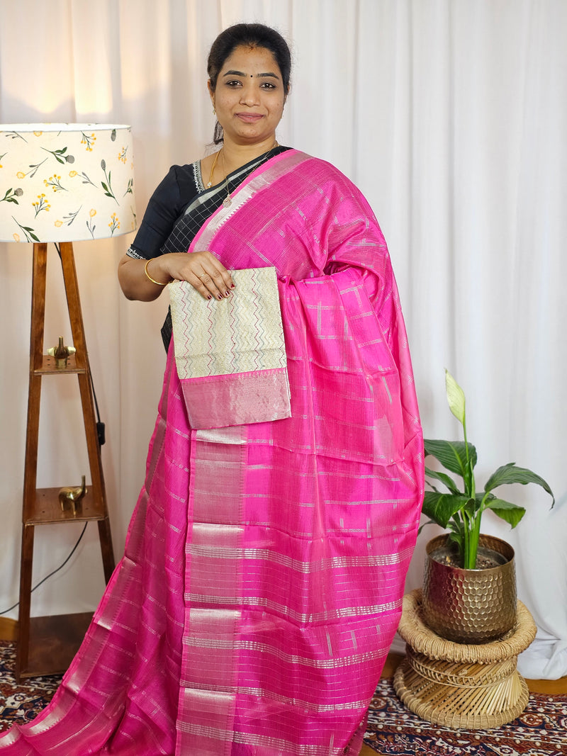 Handwoven Mangalagiri Pattu Saree with Mix and Match Pure Tussar Blouse - Pink with Cream