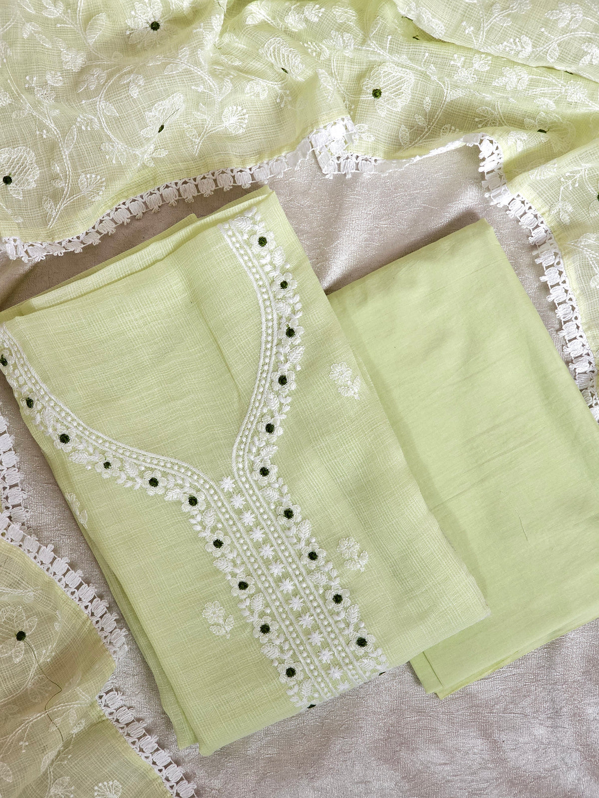 Cotton Tissue Unstitched  Salwar Suit  - Pastel Lime Green