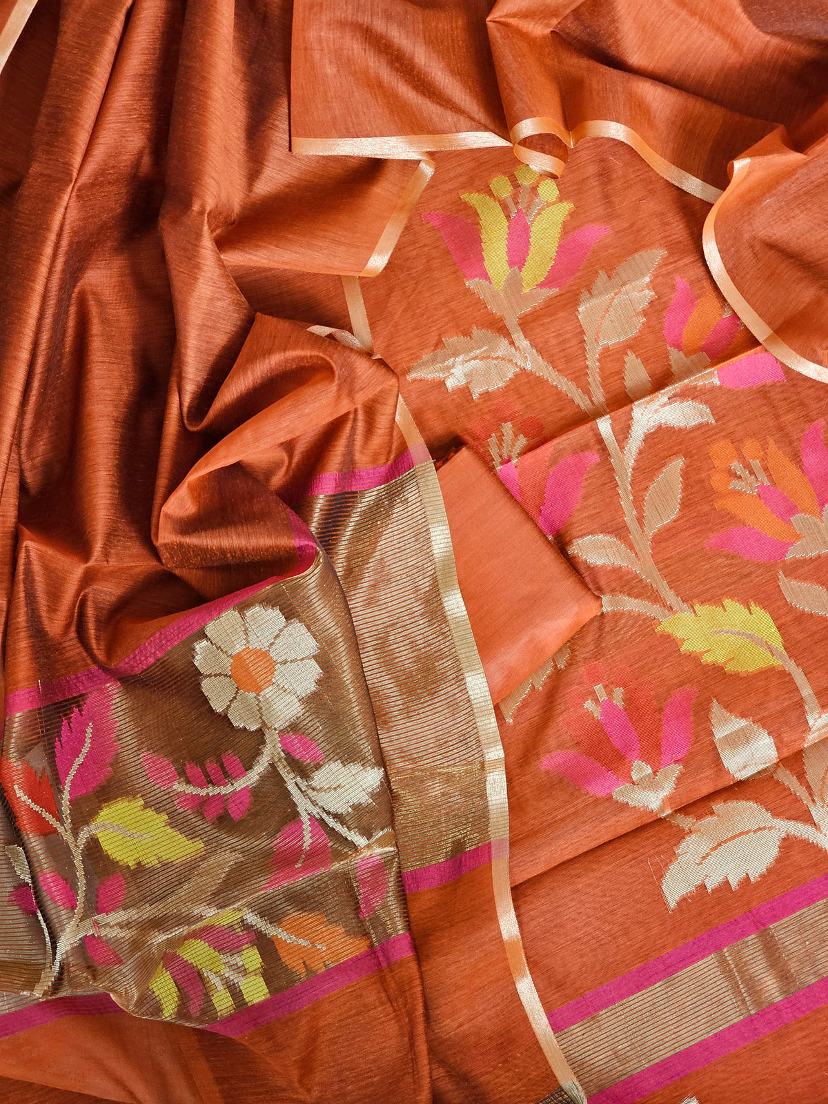 Silk Cotton Unstitched Salwar - Rust Orange