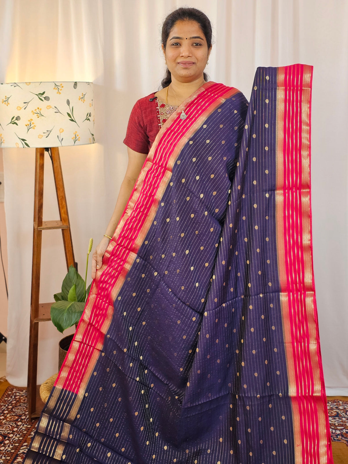 Georgette with Zari Woven Border Saree - Blue with Pink