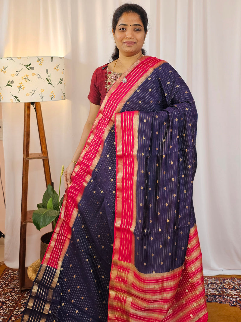 Georgette with Zari Woven Border Saree - Blue with Pink