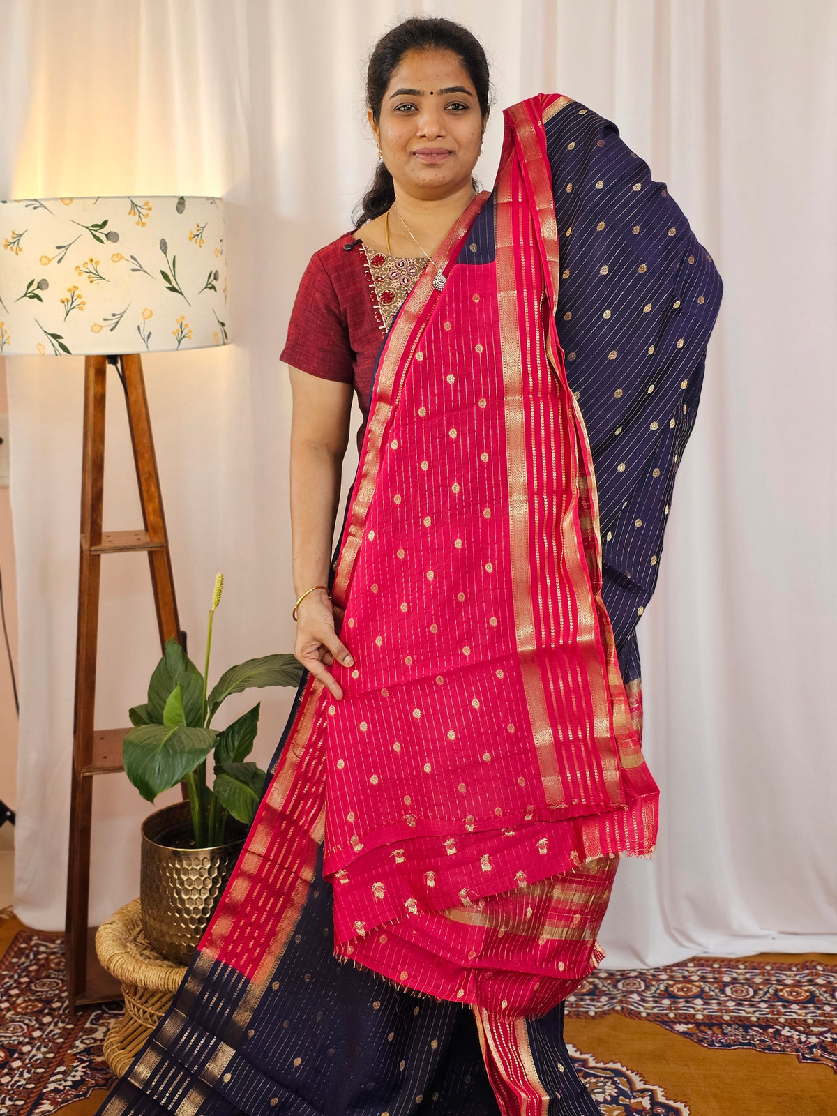 Georgette with Zari Woven Border Saree - Blue with Pink