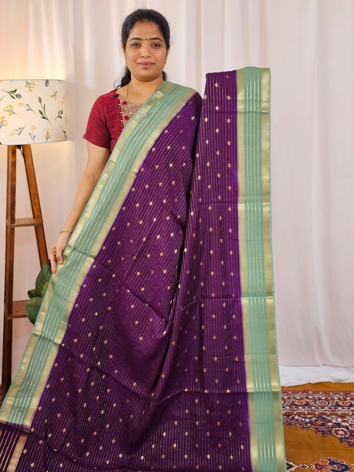 Georgette with Zari Woven Border Saree - Purple with Sea Green
