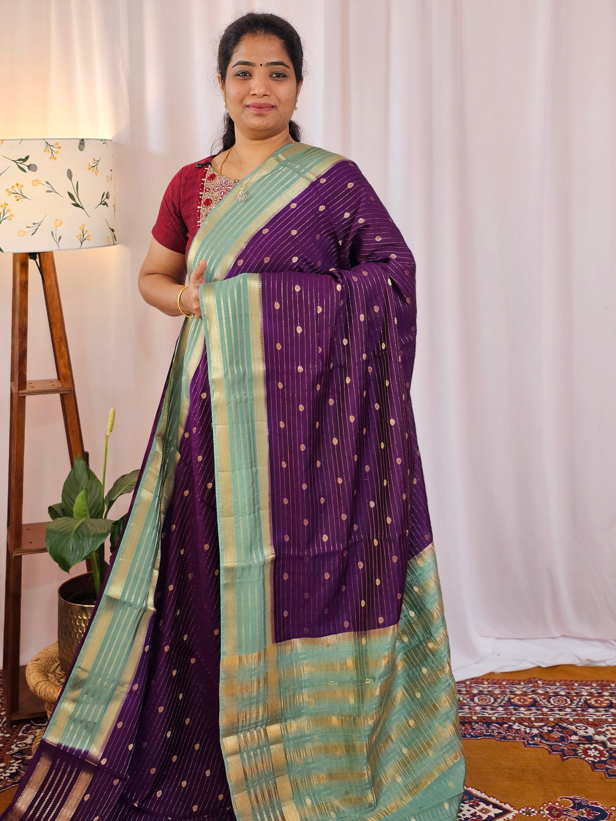Georgette with Zari Woven Border Saree - Purple with Sea Green