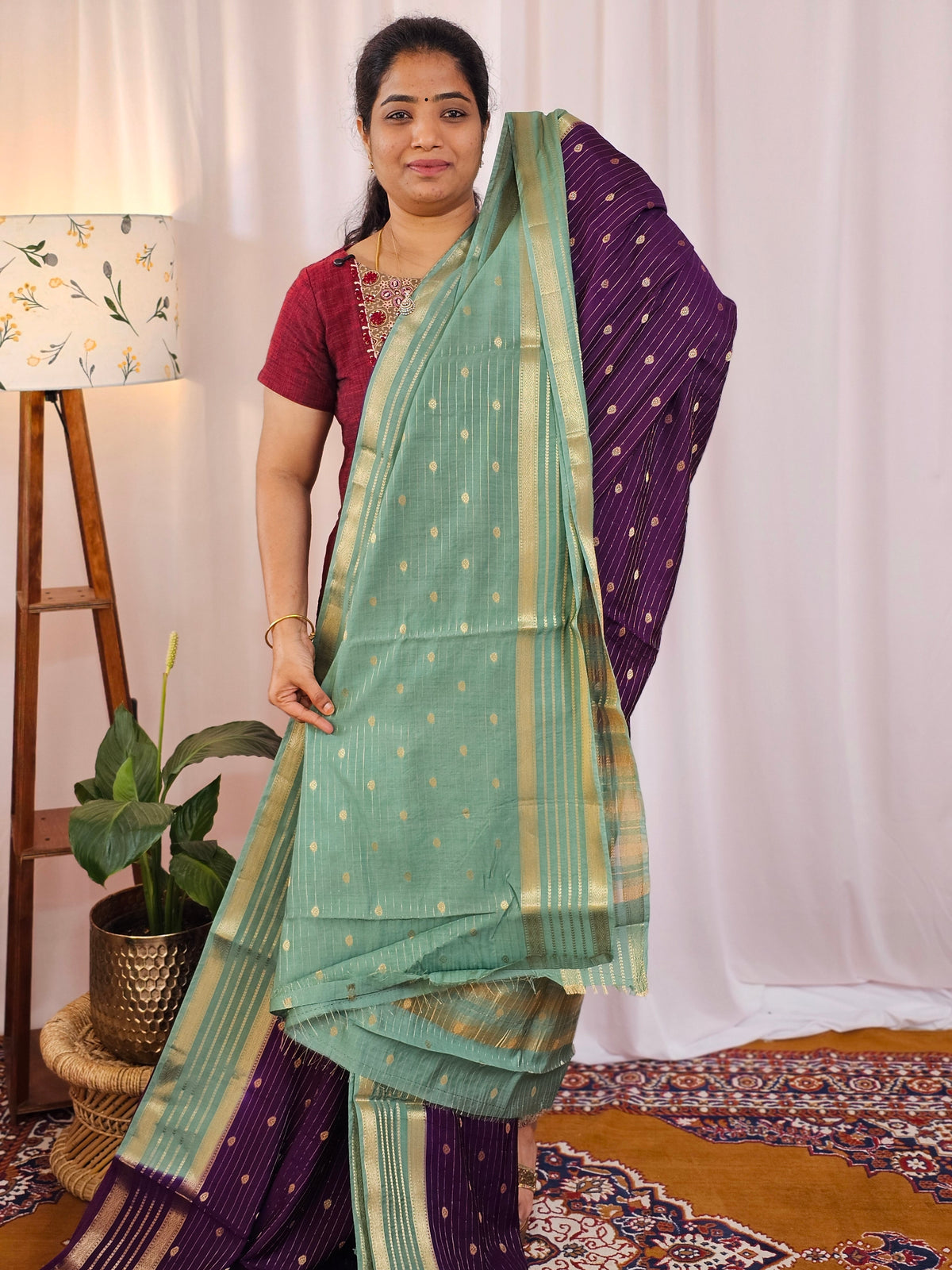 Georgette with Zari Woven Border Saree - Purple with Sea Green
