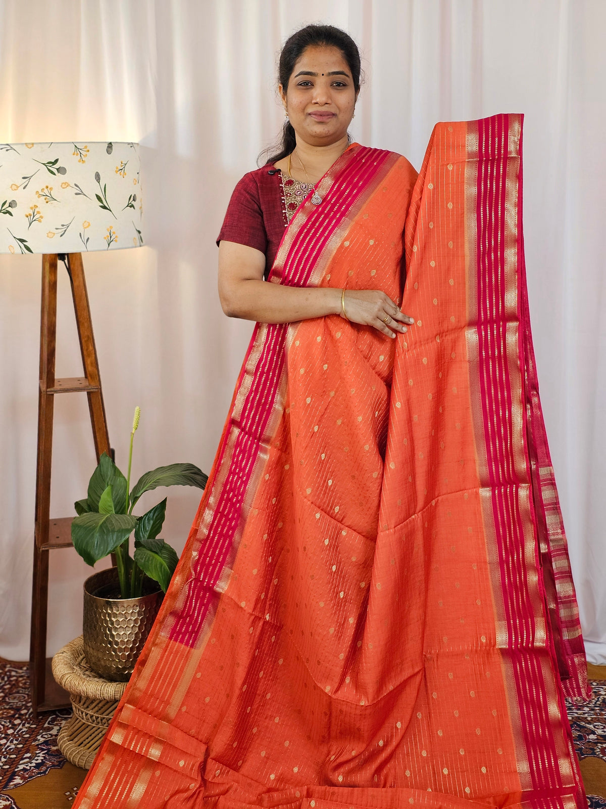 Georgette with Zari Woven Border Saree - Orange with Pink