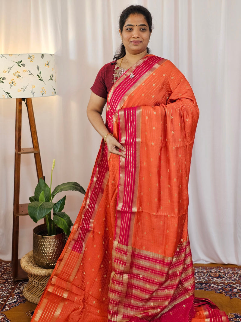 Georgette with Zari Woven Border Saree - Orange with Pink