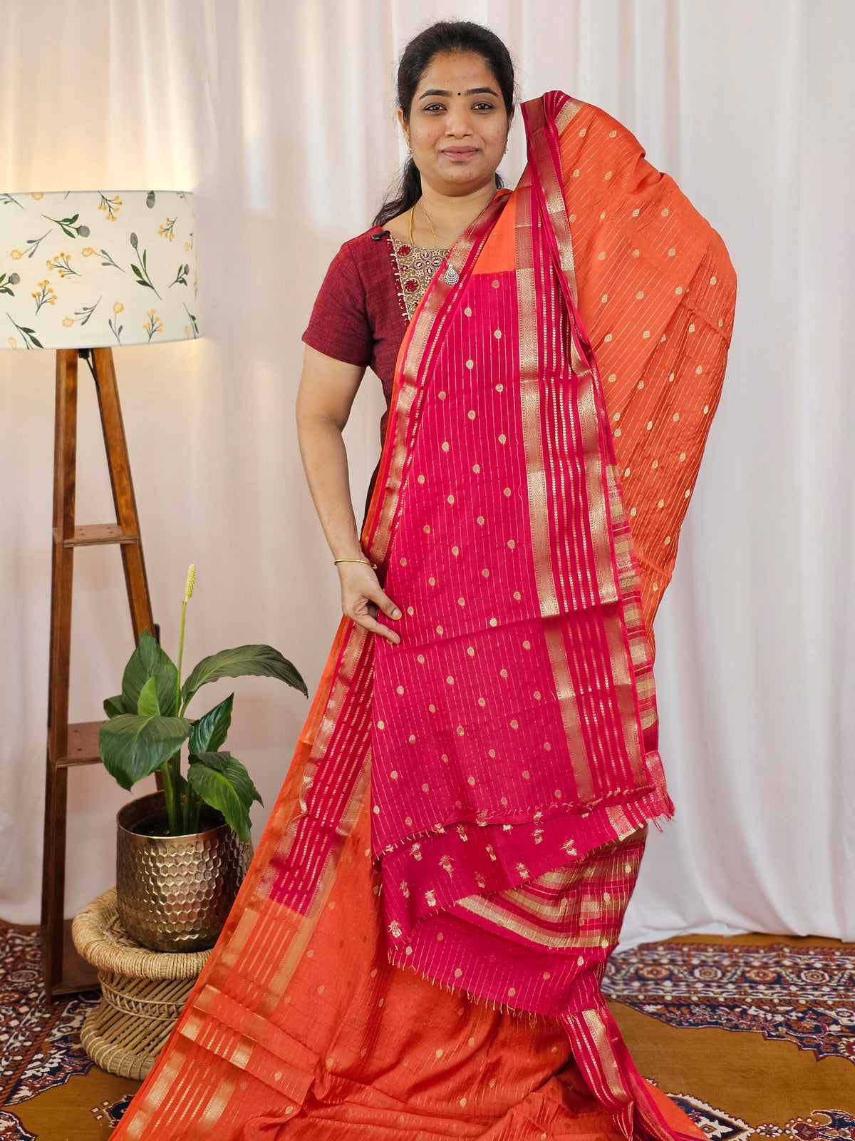 Georgette with Zari Woven Border Saree - Orange with Pink