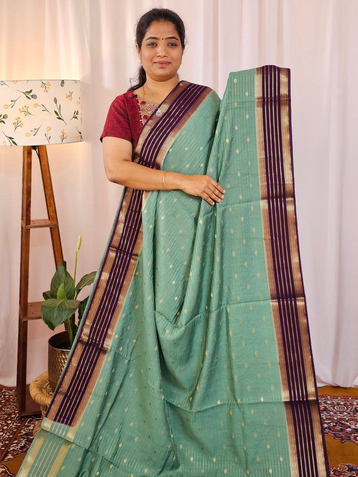 Georgette with Zari Woven Border Saree - Sea Green with Purple