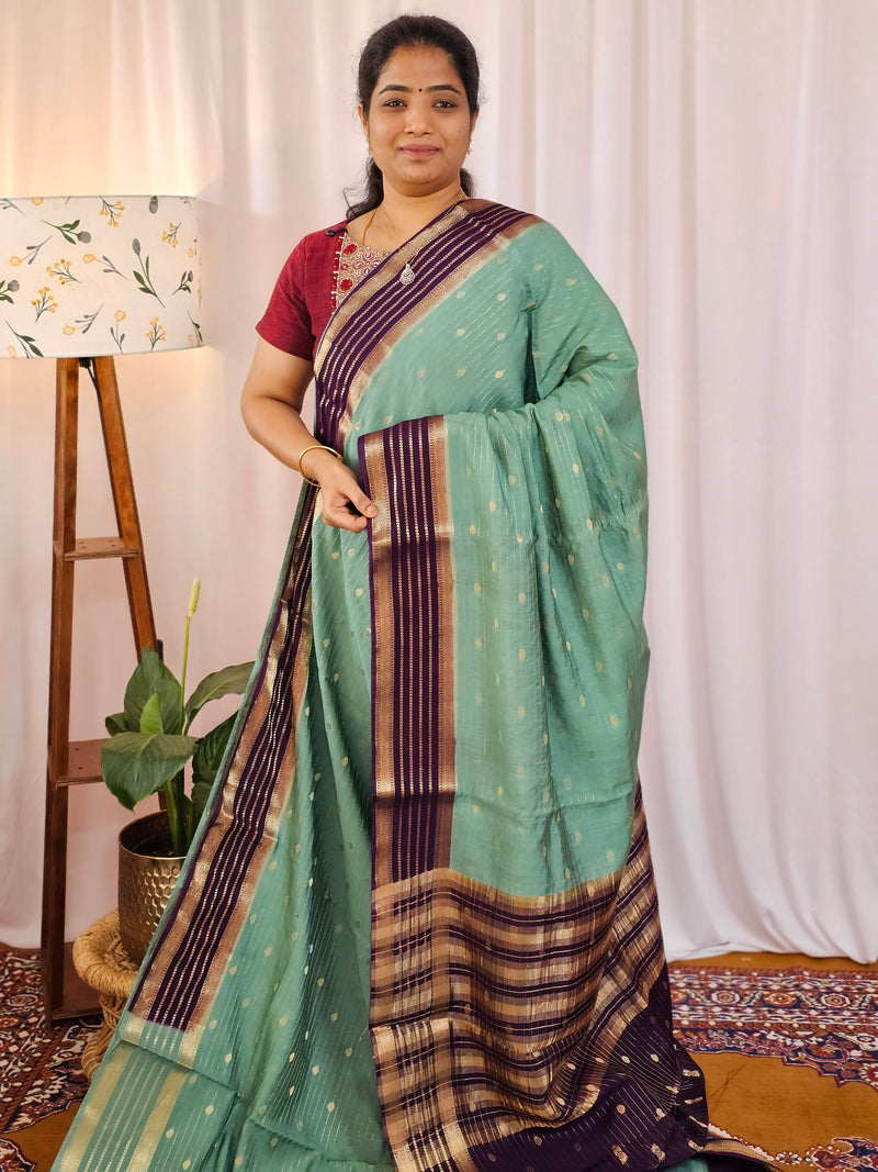 Georgette with Zari Woven Border Saree - Sea Green with Purple