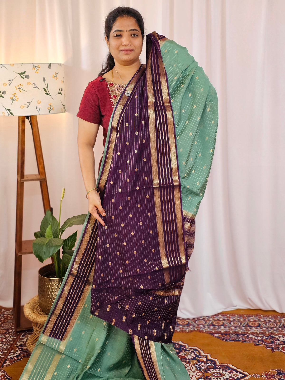 Georgette with Zari Woven Border Saree - Sea Green with Purple