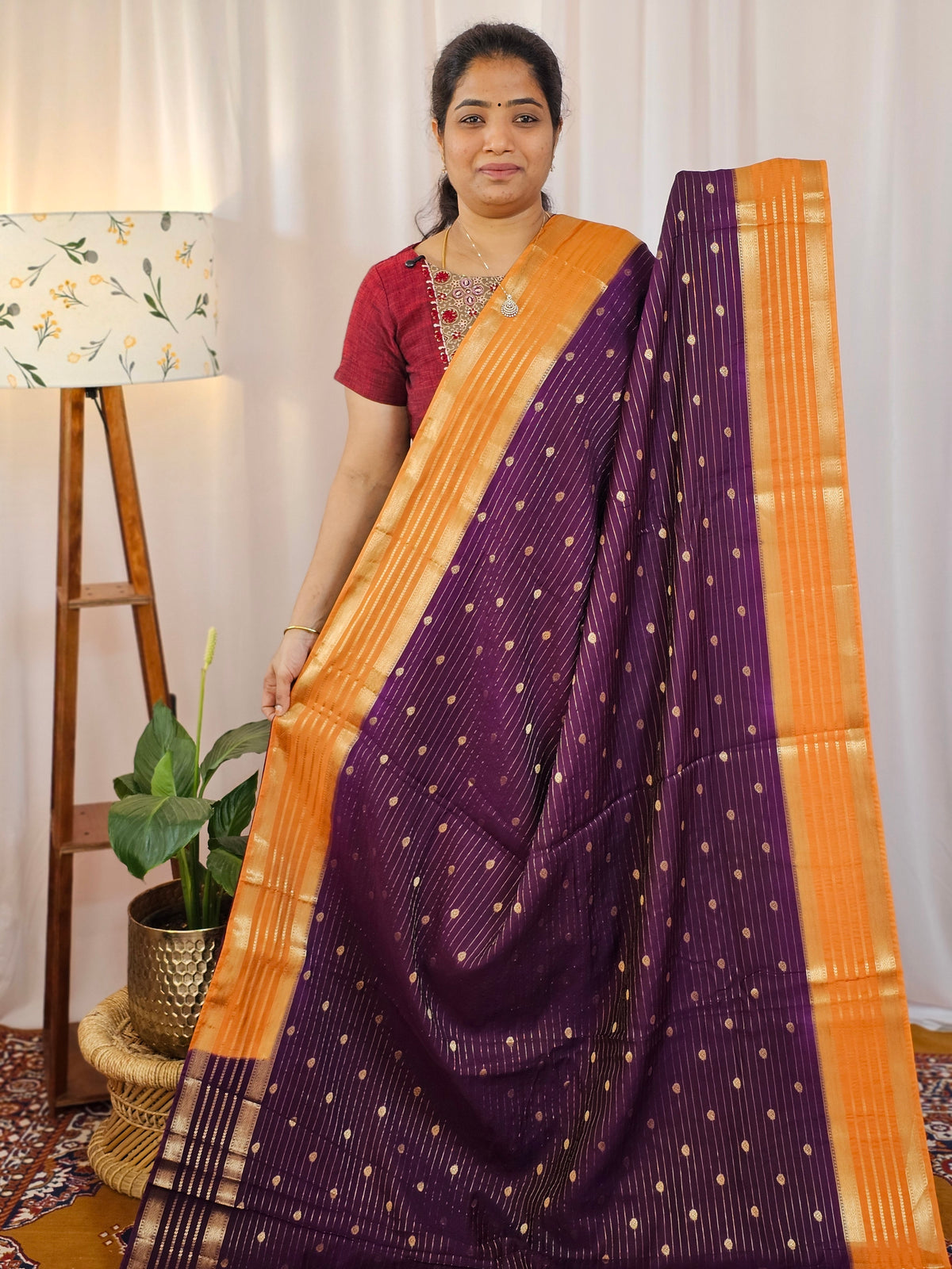 Georgette with Zari Woven Border Saree - Purple with Orange