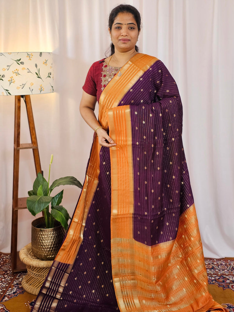 Georgette with Zari Woven Border Saree - Purple with Orange