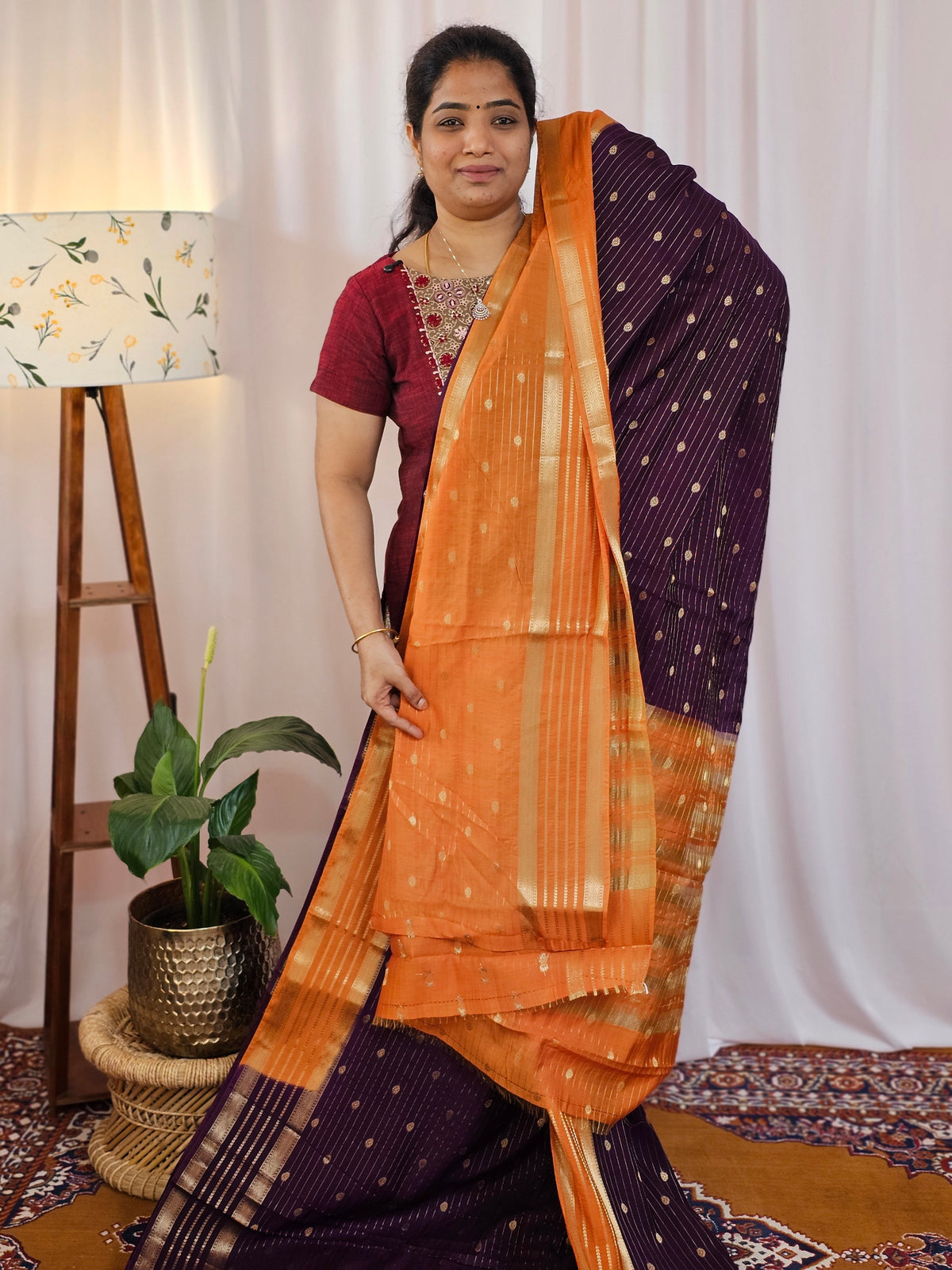 Georgette with Zari Woven Border Saree - Purple with Orange