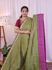 Semi Raw Silk Saree - Green with Magenta Pink