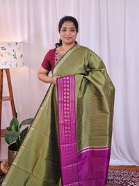Semi Raw Silk Saree - Green with Magenta Pink