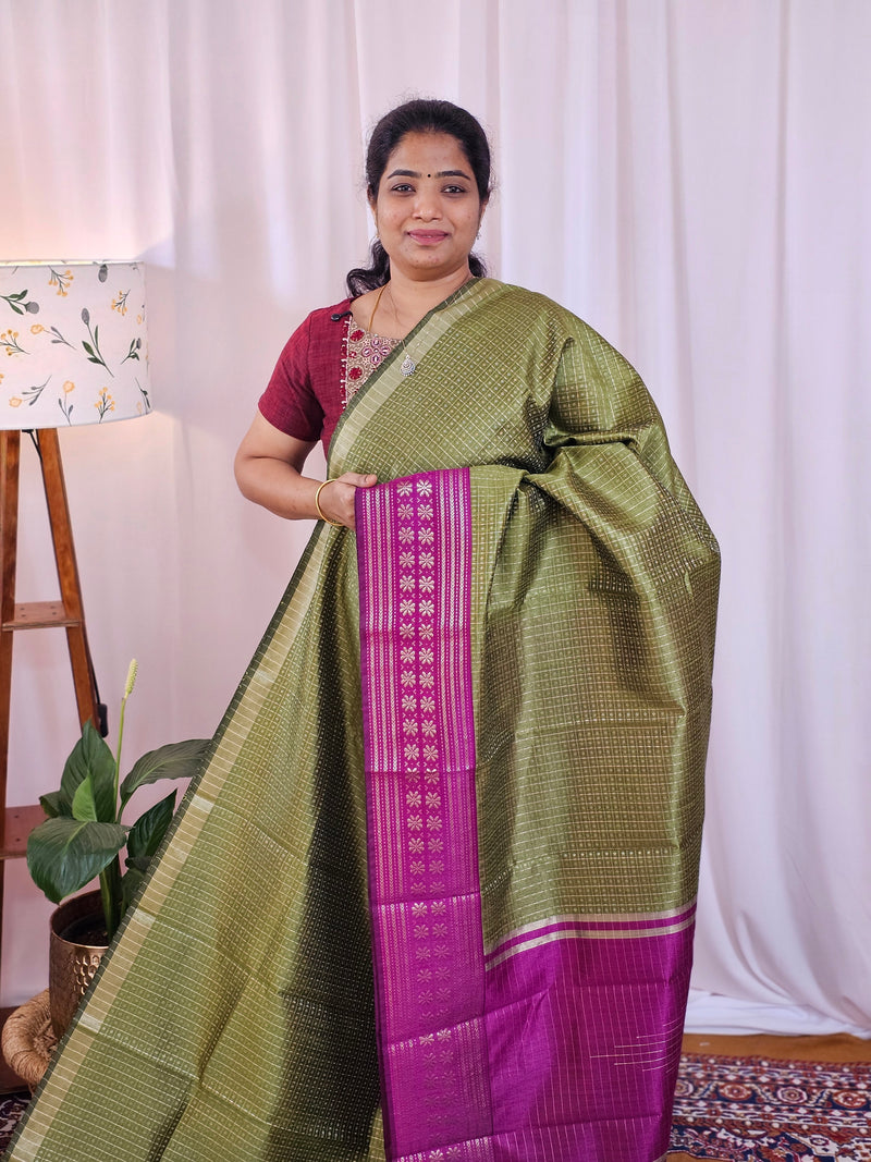 Semi Raw Silk Saree - Green with Magenta Pink