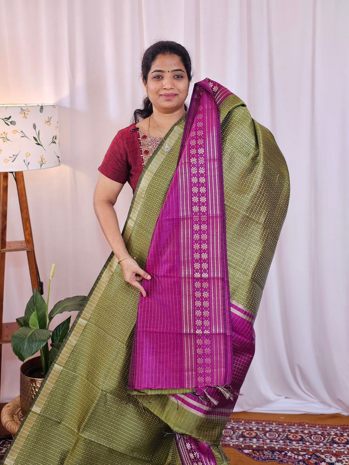 Semi Raw Silk Saree - Green with Magenta Pink