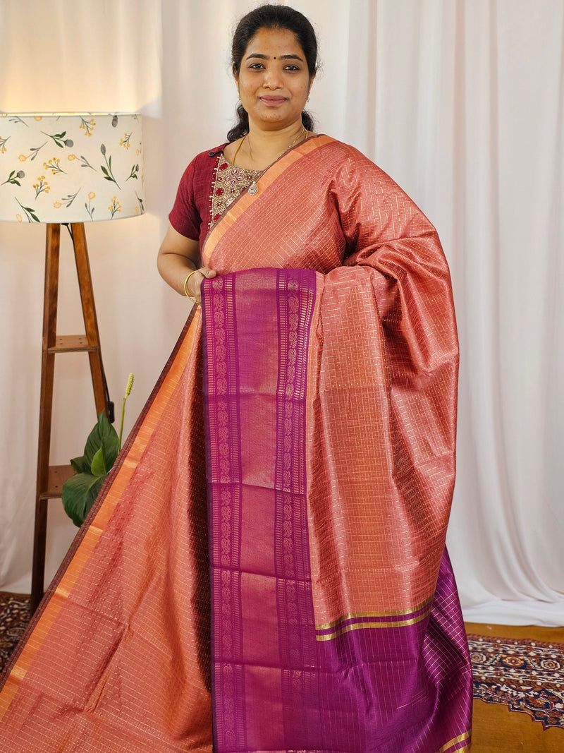 Semi Raw Silk Saree -Peach  with Magenta Pink