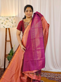 Semi Raw Silk Saree -Peach  with Magenta Pink